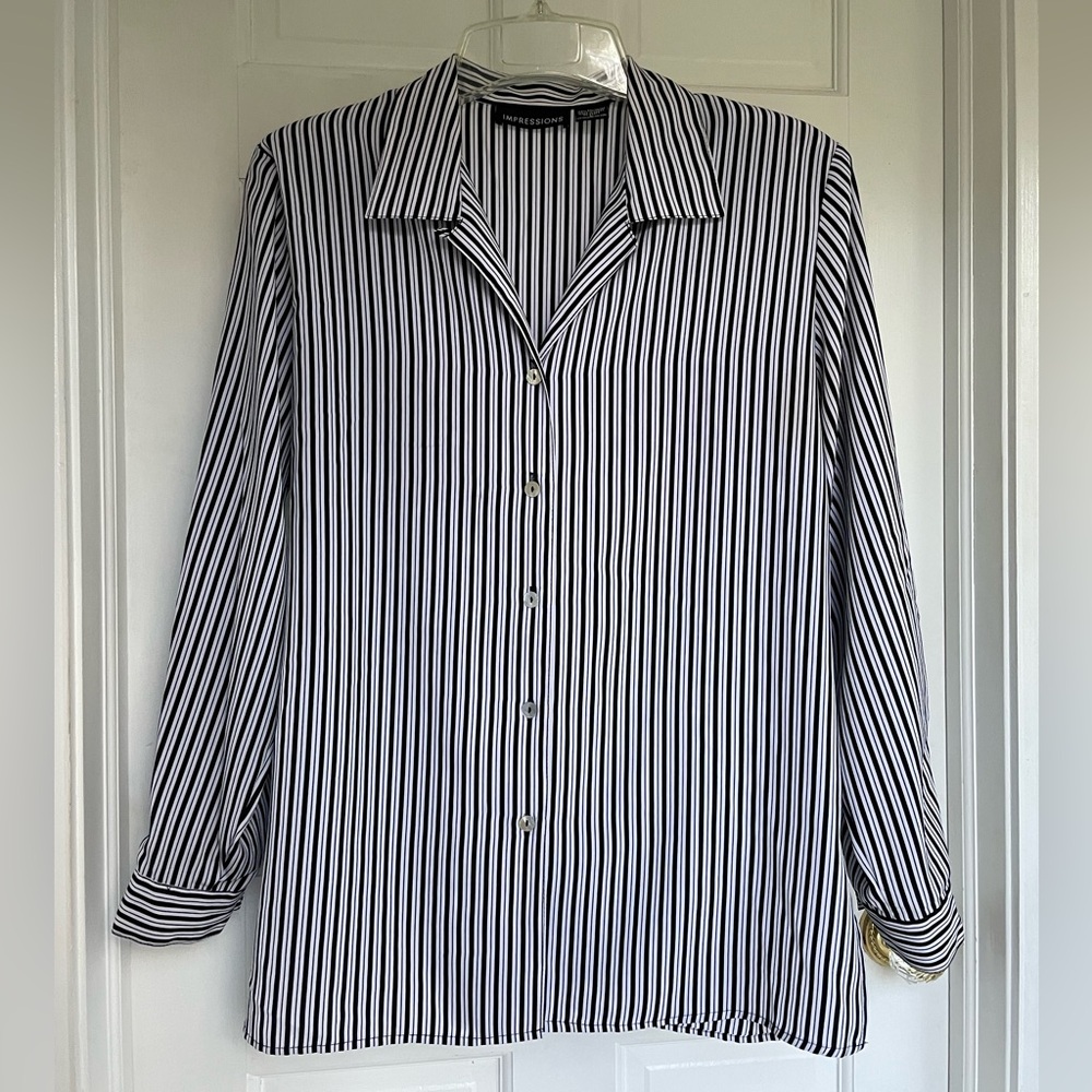 White with black pinstripes mother of pearl buttons blouse by Impressions Large